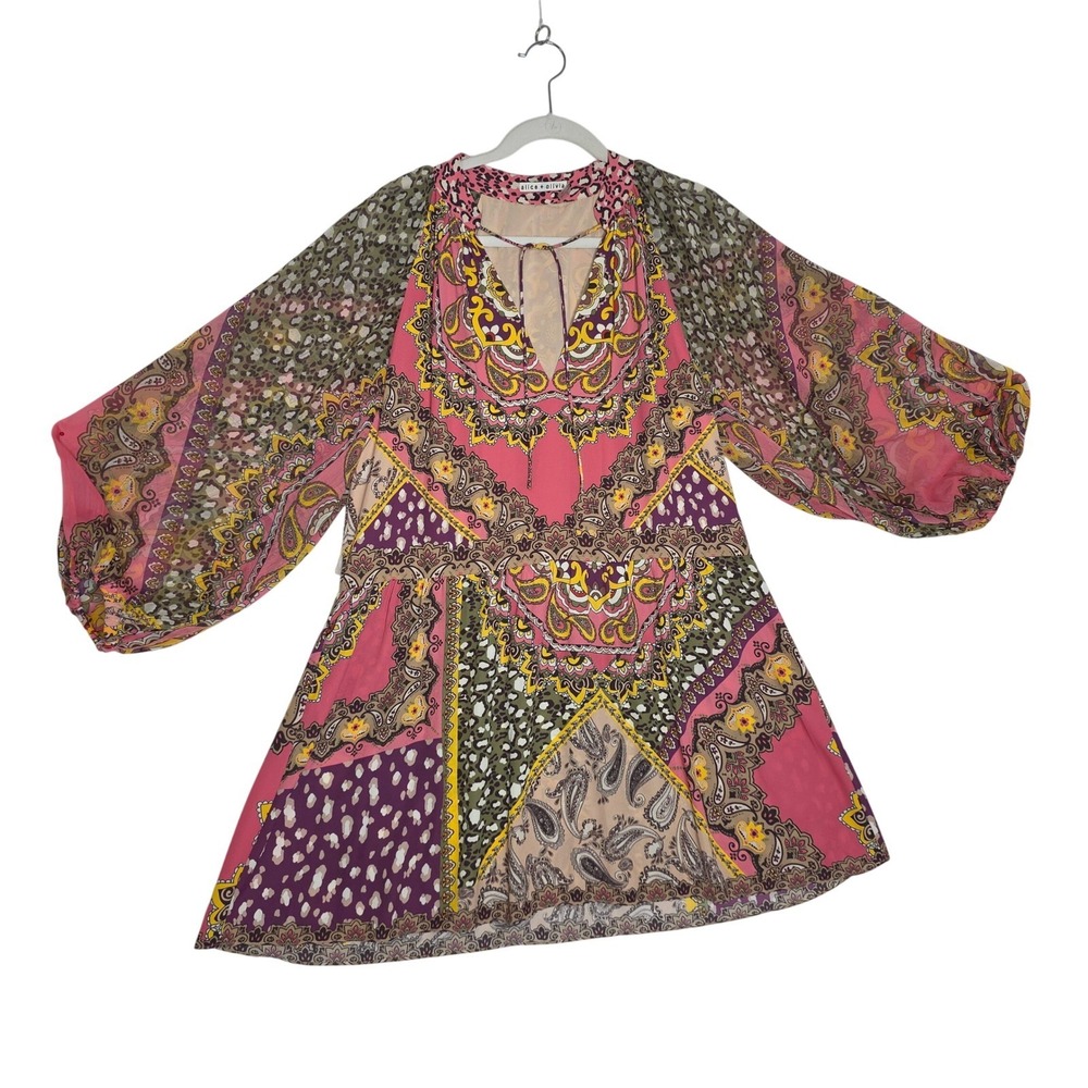 Alice Olivia Patchwork Boho V Neck Tunic‎ Dress Women Sz 10 Pink Yellow Paisley